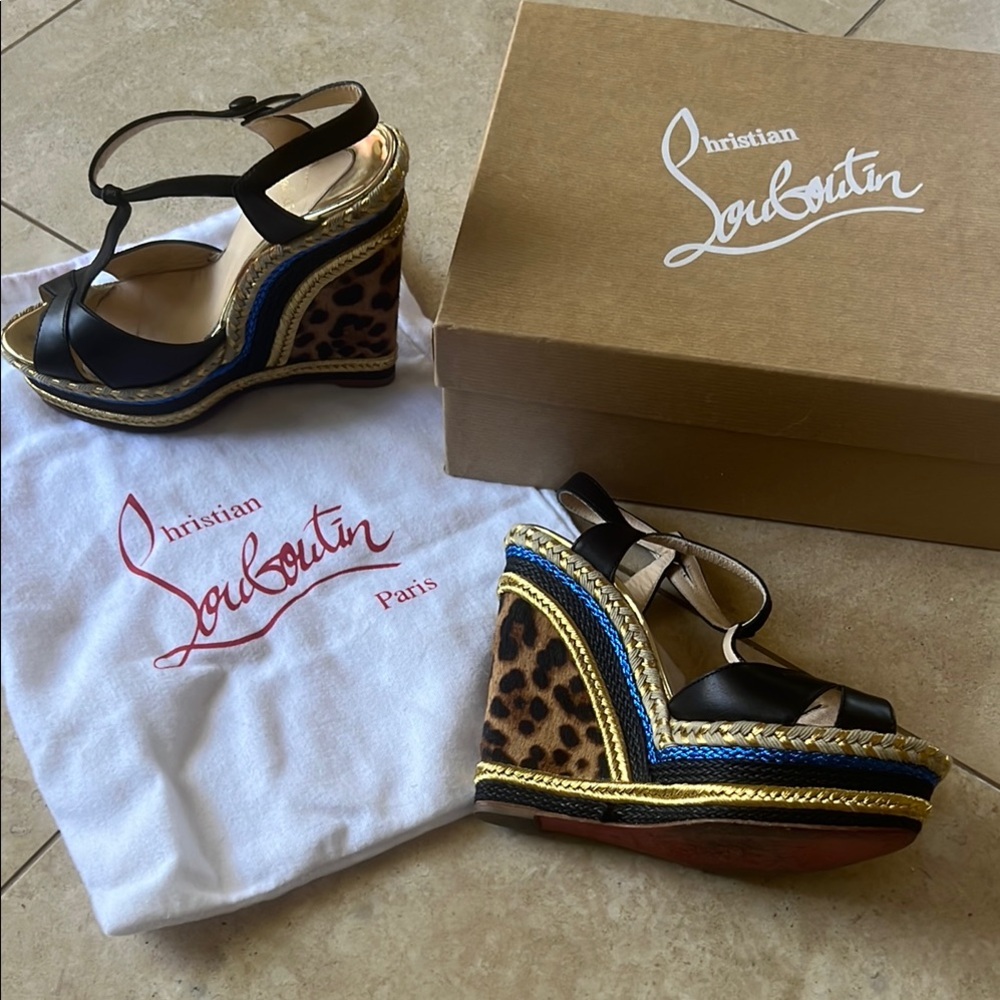 Christian Louboutin Black Leopard Wedge Sandals